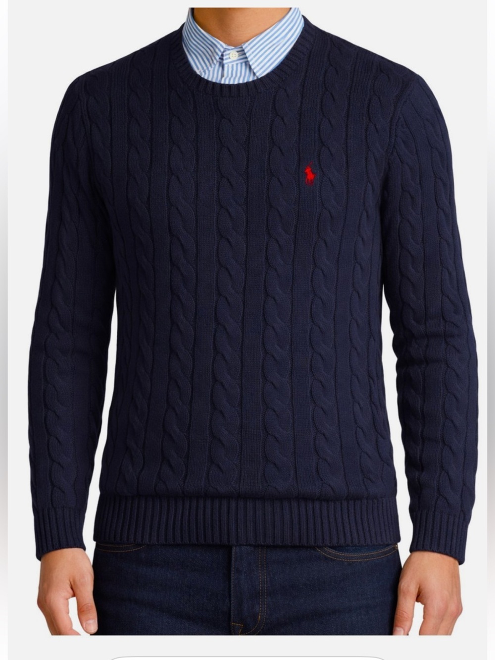 Ralph Lauren Navy Cable-Knit Crewneck with Red Pony